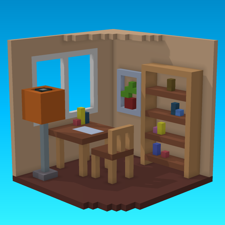 Blocky miniature depicting the corner of a room: a table with chair, floor lamp and bookshelf. Light comes in through a large window, casting shadows.