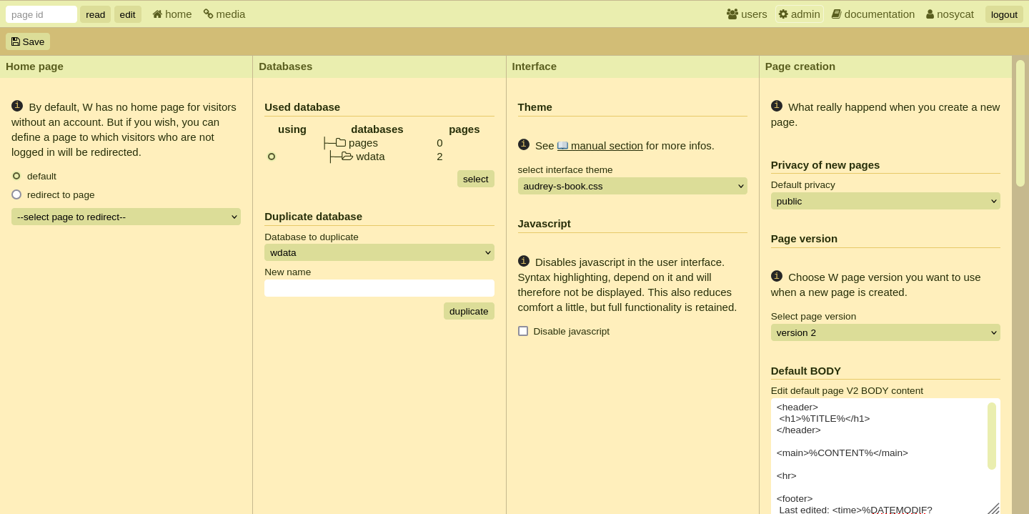 Screenshot of a web application's admin panel, in pastel colors and divided into four columns. There are buttons to read or edit pages, pick one as default, set options for new pages and so on.